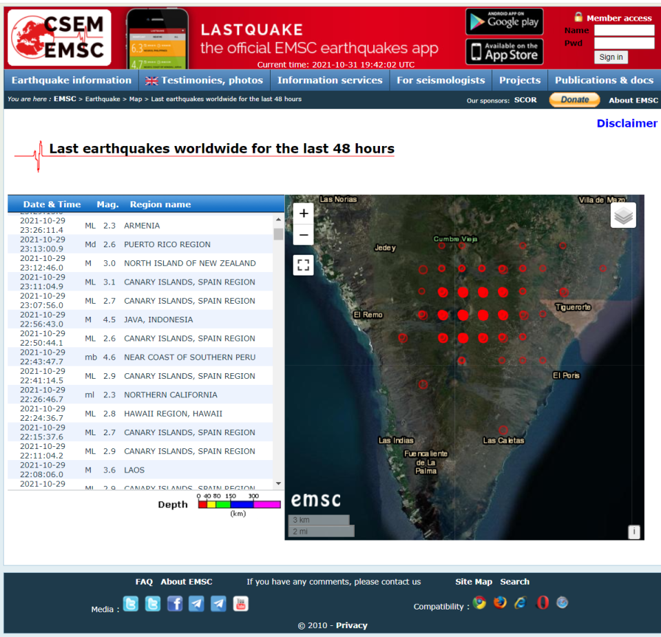 The Euro-Med Seismological Centre website shows earthquakes around the La Palma volcano. The locations appear in a grid pattern due to resolution limitations. The dots don't show the exact location of each event.