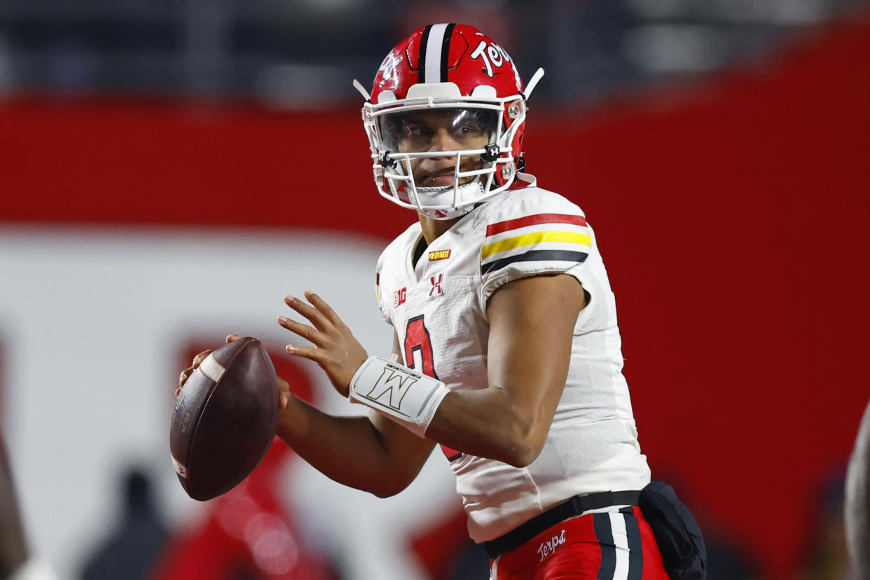 PISCATAWAY, NEW JERSEY - NOVEMBER 25:  Quarterback Taulia Tagovailoa #3 of the Maryland Terrapins in action against the Rutgers Scarlet Knights during a game at SHI Stadium on November 25, 2023 in Piscataway, New Jersey. (Photo by Rich Schultz/Getty Images)