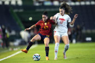 Switzerland's Seraina Piubel, right, and Spain's Oihane Hernandez fight for the ball during the women's Nations League group D soccer match between Spain and Switzerland at the Nuevo Arcangel stadium in Cordoba, Spain, Tuesday, Sept. 26, 2023. (AP Photo/Jose Breton)