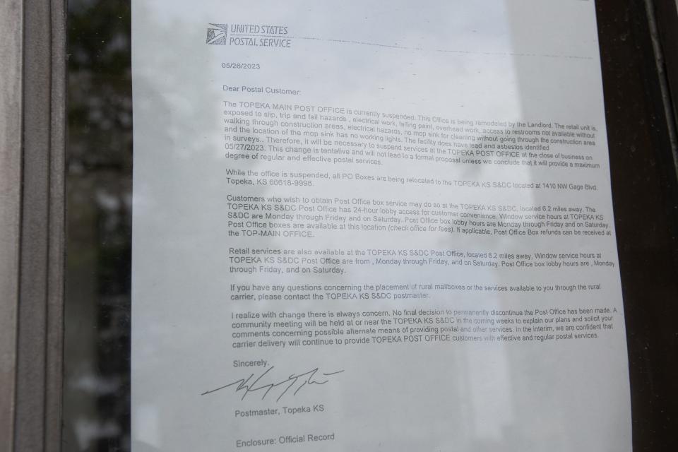A letter posted on the building in which the downtown post office in housed told customers about a closure to the location.
