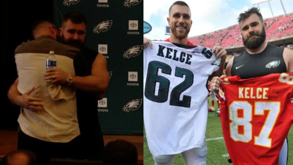 傑森‧凱爾西（Jason Kelce）宣布退役，記者會上淚擁弟弟崔維斯‧凱爾西（Travis Kelce）。（圖／翻攝自 X）