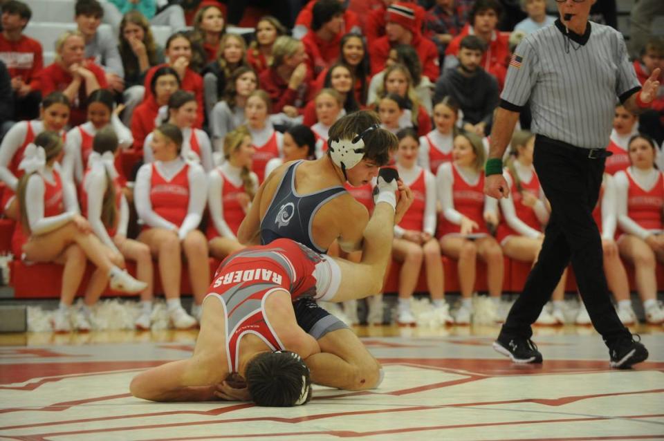 Penns Valley’s Colten Shunk looks to come out on top of a scramble with Bellefonte’s Cameron Garcia in their 133-pound bout of the Rams’ 51-9 win on Wednesday at Bellefonte. Shunk pinned Garcia in 2:29.