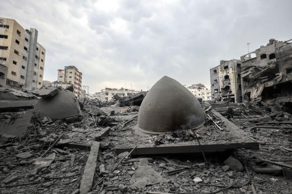Buildings and a mosque were destroyed after an Israeli airstrikes in Gaza City.