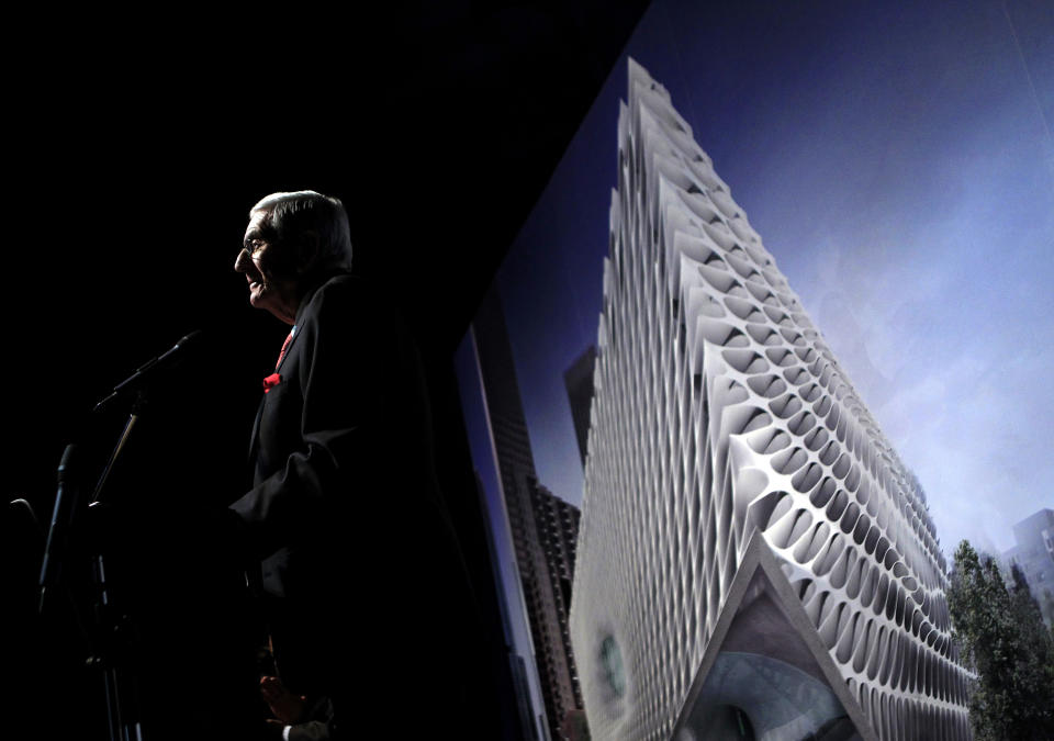 FILE - In this Thursday, Jan. 6, 2011, file photo, billionaire Eli Broad speaks during the unveiling of the Broad Art Foundation contemporary art museum designs in Los Angeles. Eli Broad, the billionaire philanthropist, contemporary art collector and entrepreneur who co-founded homebuilding pioneer Kaufman and Broad Inc. and launched financial services giant SunAmerica Inc., died Friday, April 30, 2021 in Los Angeles. He was 87. (AP Photo/Jae C. Hong, File)