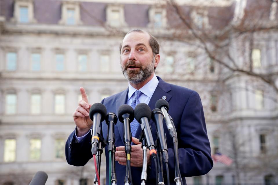 FILE PHOTO: U.S. Human Services (HHS) Secretary Alex Azar speaks to reporters about Trump administration efforts to combat the coronavirus outbreak outside the White House in Washington, U.S., February 28, 2020. REUTERS/Kevin Lamarque