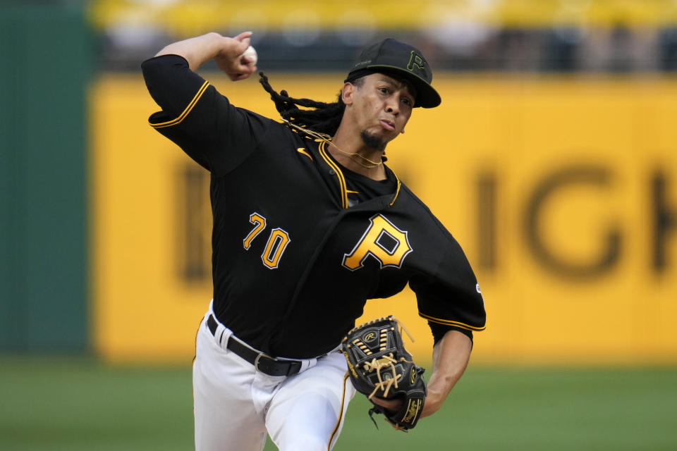 Pittsburgh Pirates starting pitcher Osvaldo Bido delivers during the first inning of a baseball game against the Atlanta Braves in Pittsburgh, Monday, Aug. 7, 2023. (AP Photo/Gene J. Puskar)