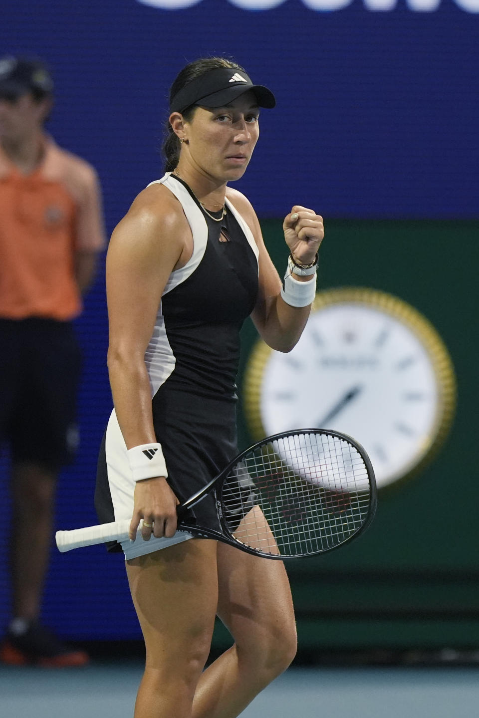 Jessica Pegula, of the United States, celebrates a point against Ekaterina Alexandrova, of Russia, during the Miami Open tennis tournament Wednesday, March 27, 2024, in Miami Gardens, Fla. (AP Photo/Marta Lavandier)