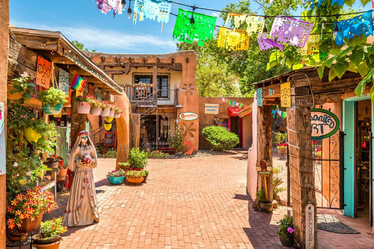 Colorful Old Town shops and restaurants in historic Albuquerque, New Mexico