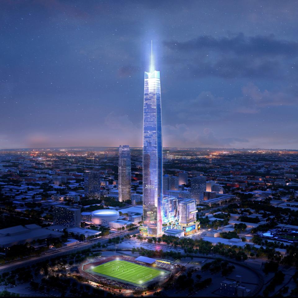 The four towers planned as part of the Boardwalk at Bricktown, including a proposed 1,907-foot-high Legends Tower, are shown in this rendering.