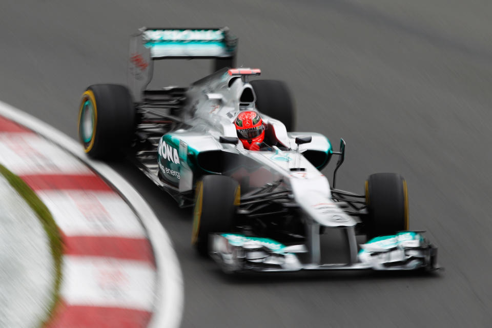 MONTREAL, CANADA - JUNE 08: Michael Schumacher of Germany and Mercedes GP drives during practice for the Canadian Formula One Grand Prix at the Circuit Gilles Villeneuve on June 8, 2012 in Montreal, Canada. (Photo by Paul Gilham/Getty Images)