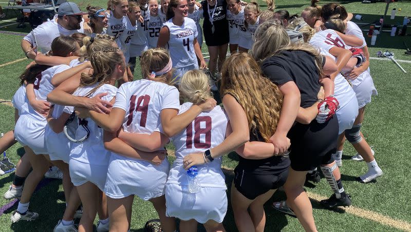 Lone Peak players huddle during semifinal victory over Bingham on Tuesday, May 23, 2023. The Knights prevailed and will face Mountain Ridge in the 6A championship game Thursday.