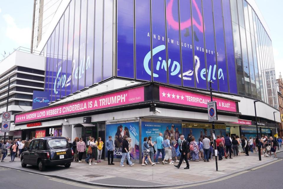 People queuing to go into the Gillian Lynne Theatre in Drury Lane, London, to see the last performance of Cinderella. The Andrew Lloyd Webber production has now closed, less than a year after its premiere (Yui Mok/PA) (PA Wire)