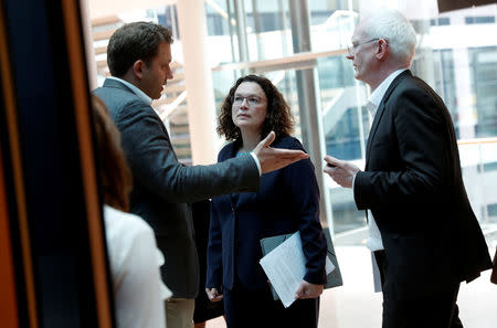 Andrea Nahles, leader of Germany's Social Democratic Party (SPD) and party secretary general Lars Klingbeil arrive for a news conference following the European Parliament election results, in Berlin, Germany, May 27, 2019. REUTERS/Fabrizio Bensch