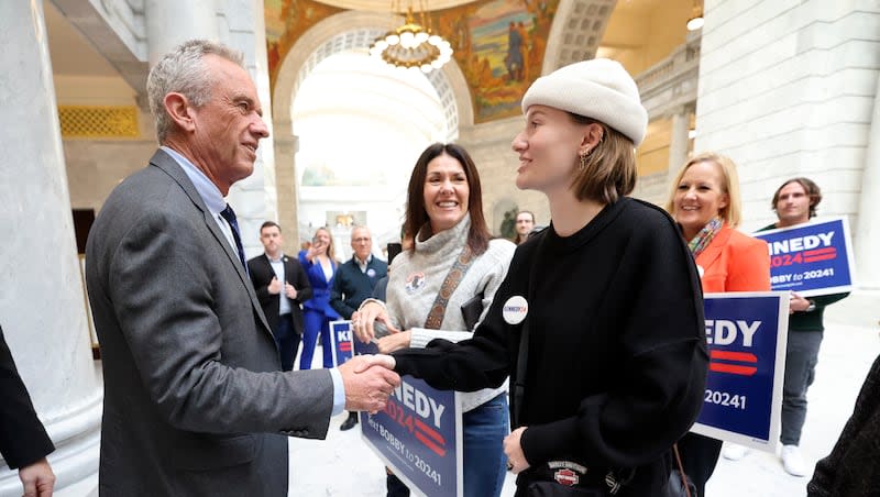 Independent presidential candidate Robert F. Kennedy Jr. greets supporters at the Capitol in Salt Lake City on Wednesday, Jan. 3, 2024.