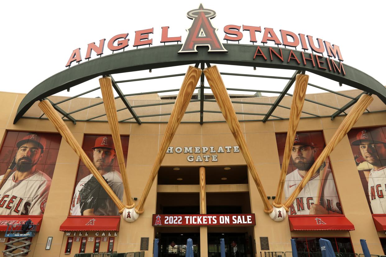 ANAHEIM, CA -  MAY 23, 2022 - - The main entrance to Angel Stadium in Anaheim on May 23, 2022.  Facing community pressure to delay or cancel the Angel Stadium sale amid a corruption investigation into Anaheim Mayor Harry Sidhu, the Angels on Friday gave the Anaheim City Council 25 days to grant final approval to the deal. (Genaro Molina / Los Angeles Times via Getty Images)