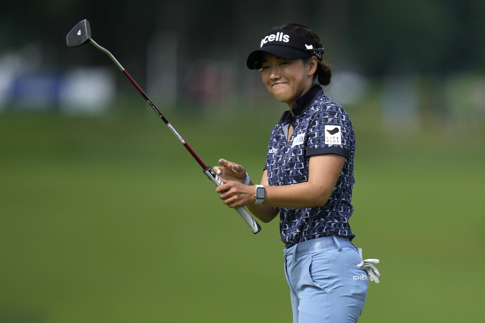 Jenny Shin reacts after her putt on the 15th hole during the third round of the Women's PGA Championship golf tournament, Saturday, June 24, 2023, in Springfield, N.J. (AP Photo/Seth Wenig)