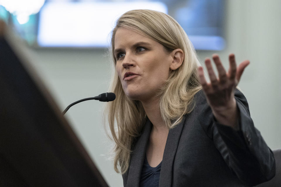 FILE - Former Facebook data scientist Frances Haugen speaks during a hearing of the Senate Commerce, Science, and Transportation Subcommittee on Consumer Protection, Product Safety, and Data Security, on Capitol Hill, Tuesday, Oct. 5, 2021, in Washington.  Years after coming under scrutiny for contributing to ethnic and religious violence in Myanmar, internal documents viewed by The Associated Press show that Facebook continues to have problems detecting and moderating hate speech and misinformation on its platform in the Southeast Asian nation. (AP Photo/Alex Brandon, File)