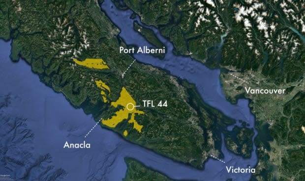 Tree Farm Licence 44 is located on Vancouver Island and overlaps with the traditional territory of the Huu-ay-aht people between Bamfield and Port Alberni. In February 2016, the Huu-ay-aht received close to $14 million from the federal government in compensation for its breaches of duty over an unlawful timber licence.