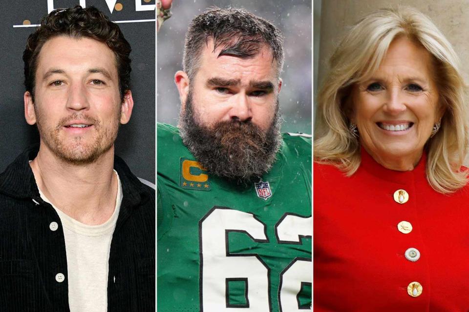 <p>Araya Doheny/WireImage, Andy Lewis/Icon Sportswire via Getty, Antoine Gyori - Corbis/Corbis via Getty</p> Miles Teller,  Jason Kelce, First Lady Jill Biden