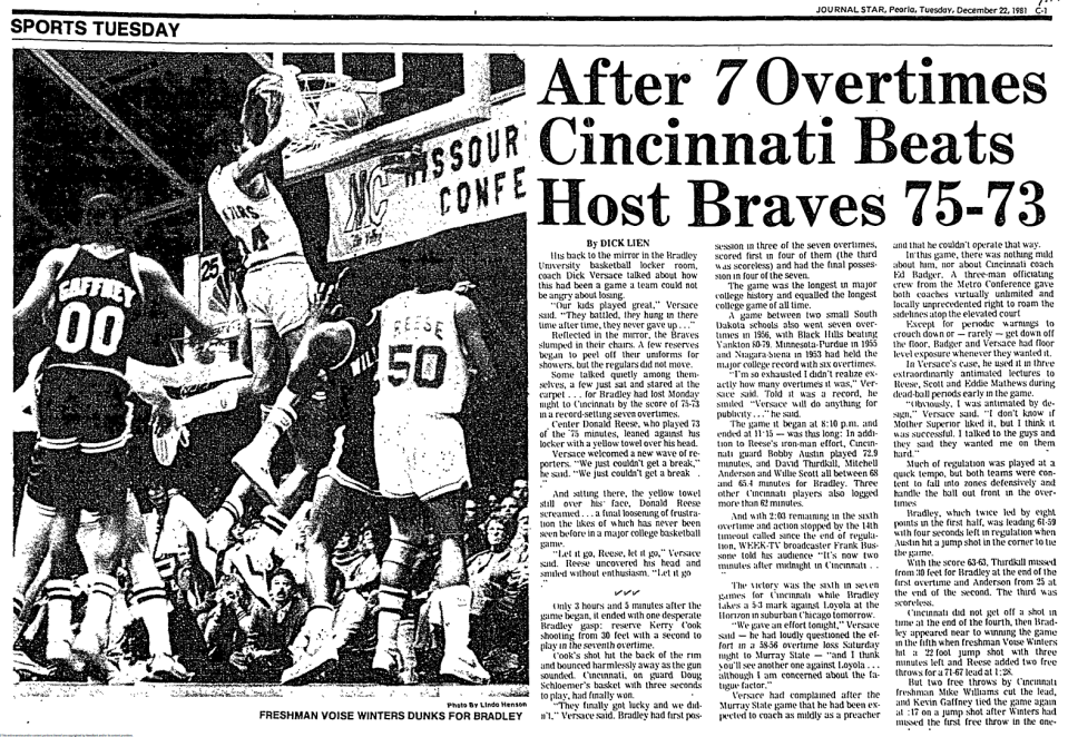 Bradley and Cincinnati played the longest game in NCAA college basketball history on Dec. 21, 1981. Here is how the game appeared in the Journal Star.