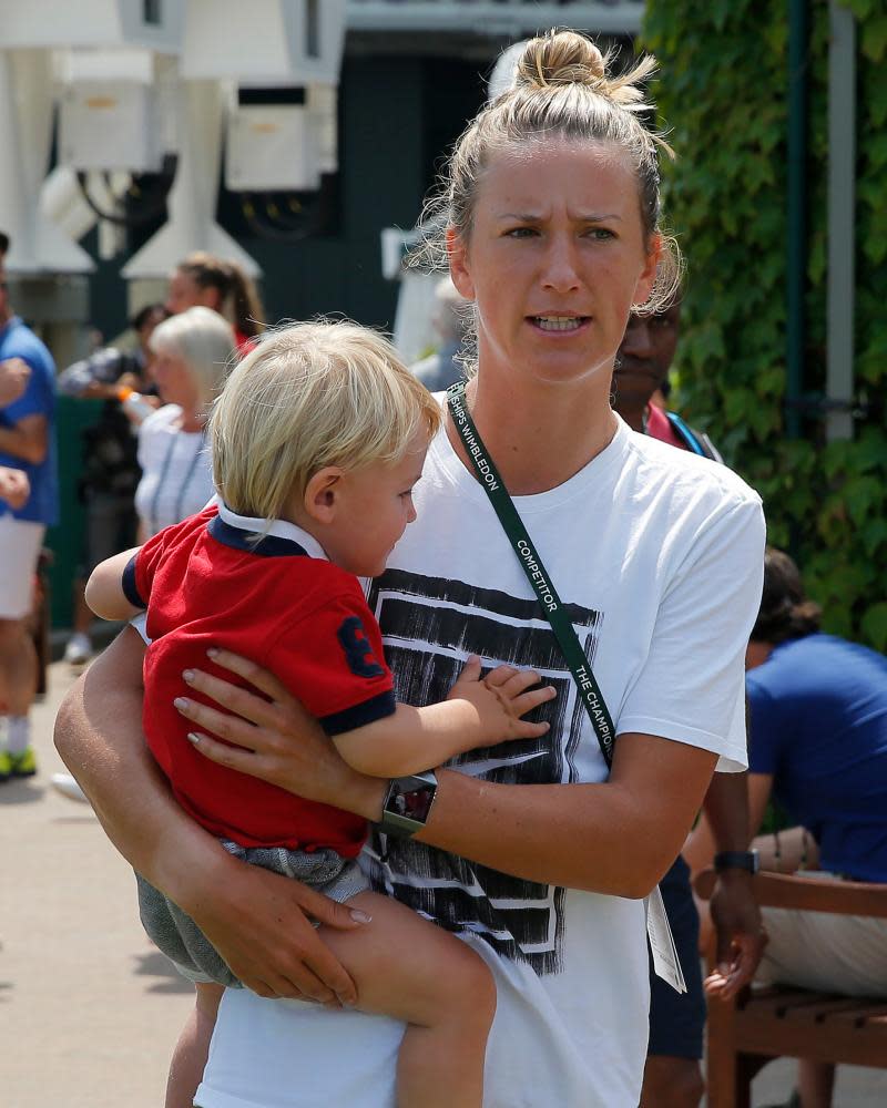Victoria Azarenka with her son at Wimbledon in 2018.