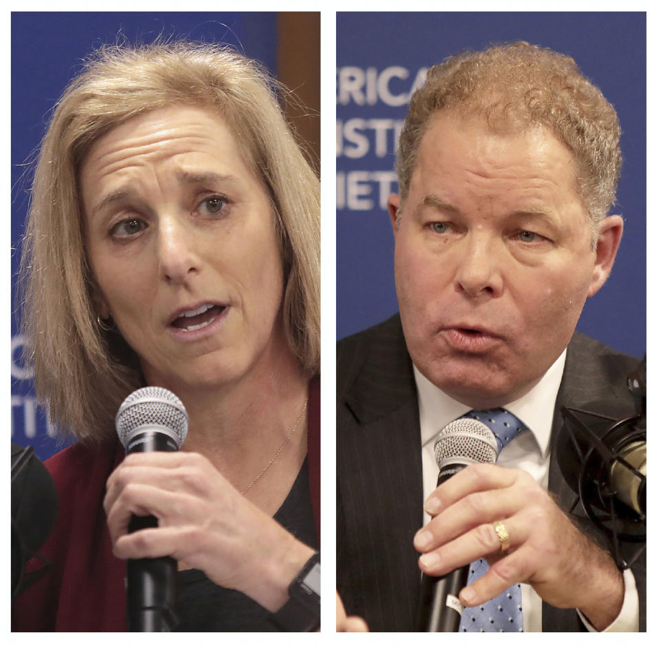 FILE - This combination of Nov. 19, 2019 file photos shows Dane County Circuit Court Judge Jill Karofsky, left, and Wisconsin Supreme Court Justice Daniel Kelly, during a candidate's forum for a seat on the state Supreme Court. Clerks will begin counting ballots Monday, April 13, 2020, nearly a week after votes were cast in Wisconsin's contentious Supreme Court race. (John Hart/Wisconsin State Journal via AP, File)