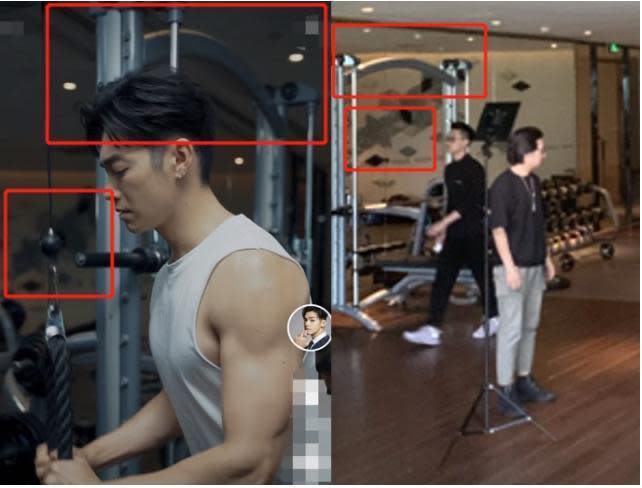 辰亦儒上傳的健身影片當中，與飯店設施的周遭環境相同。（翻攝新浪娛樂）