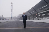 Roger Penske stands on the Yard of Bricks before practice for the Indianapolis 500 auto race at Indianapolis Motor Speedway, Thursday, May 19, 2022, in Indianapolis. Penske took ownership of Indianapolis Motor Speedway just two months before the pandemic closed the country and only now, in his third Indianapolis 500 as promoter, can he throw open the gates and host more than 300,000 guests at “The Greatest Spectacle in Racing.” (AP Photo/Darron Cummings)