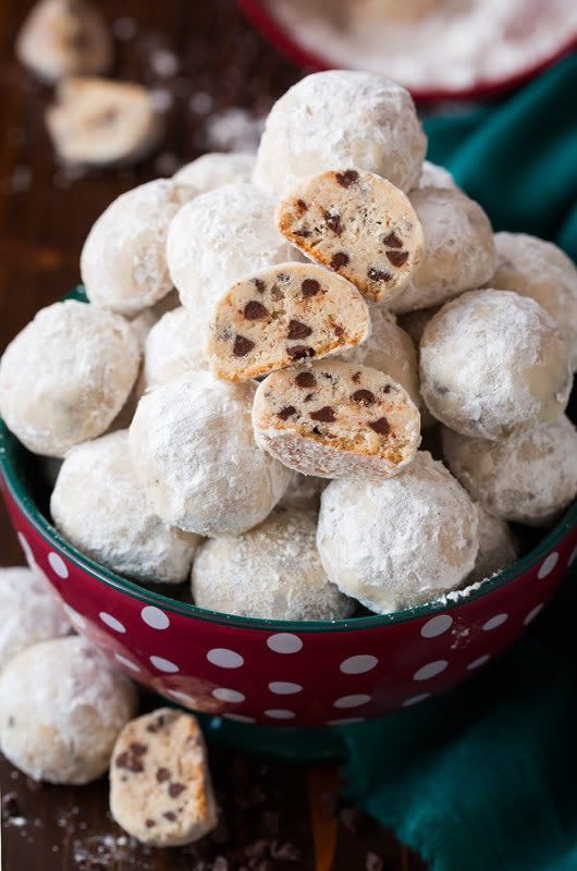 <p>Cooking Classy</p><p>A chocolatey twist on a traditional snowball cookie.</p><p><strong>Get the recipe: <a href="https://www.cookingclassy.com/chocolate-chip-snowball-cookies/" rel="nofollow noopener" target="_blank" data-ylk="slk:Chocolate Chip Snowball Cookies;elm:context_link;itc:0;sec:content-canvas" class="link ">Chocolate Chip Snowball Cookies</a></strong></p>