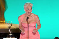 <p><a href="https://people.com/tv/2021-emmy-awards-hannah-waddingham-wins-outstanding-supporting-actress-in-a-comedy-series/" rel="nofollow noopener" target="_blank" data-ylk="slk:won the award for outstanding supporting actress;elm:context_link;itc:0;sec:content-canvas" class="link ">won the award for outstanding supporting actress</a> in a comedy series, also for <em>Ted Lasso.</em> Waddingham, who plays Rebecca Welton in the show, thanked creator Sudeikis in her speech saying, "You've changed my life with this and more importantly my baby girl's." </p>