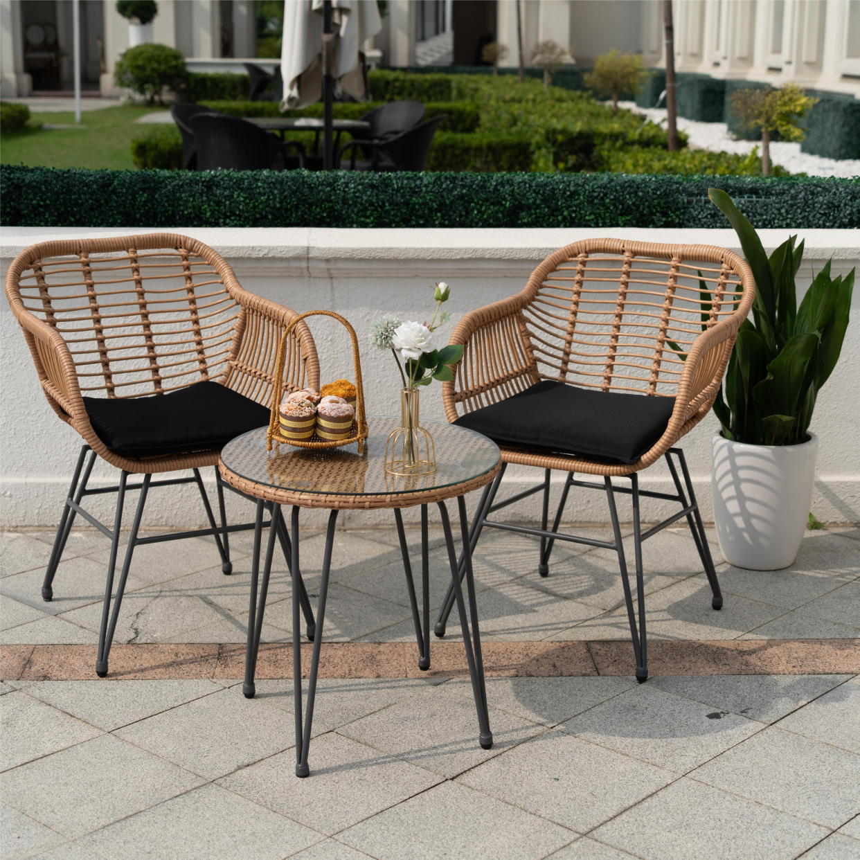 <p><a href="https://go.redirectingat.com?id=74968X1596630&url=https%3A%2F%2Fwww.walmart.com%2Fip%2FTappio-3-Piece-Outdoor-Wicker-Furniture-Patio-Bistro-Set-PE-Rattan-Chairs-Set-w-Table-Cushions-Modern-Porch-Poolside-Garden-Black%2F1292609003&sref=https%3A%2F%2Fwww.goodhousekeeping.com%2Fhome-products%2Fg60115562%2Fbest-patio-furniture-sets%2F" rel="nofollow noopener" target="_blank" data-ylk="slk:Shop Now;elm:context_link;itc:0;sec:content-canvas" class="link rapid-noclick-resp">Shop Now</a></p><p>Wicker Bistro Set</p><p>walmart.com</p><p>$112.99</p>