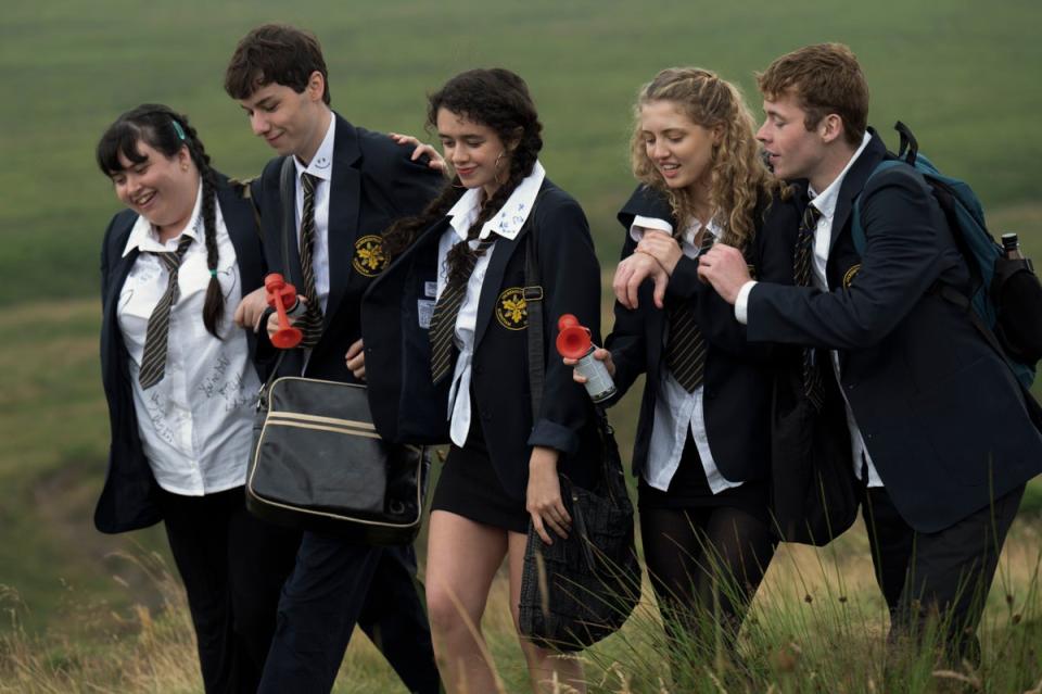 From left, Natalie Blair, Ellis Howard, Isis Hainsworth, Amelia Clarkson, Harry Redding in Red Rose (BBC/Eleven Film)