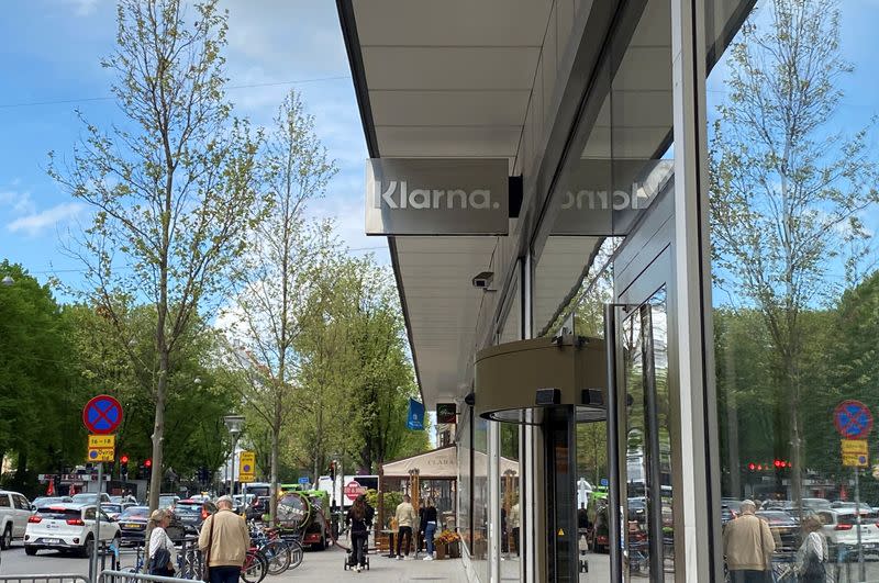 A sign is pictured at the entrance of Klarna's headquarters in Stockholm