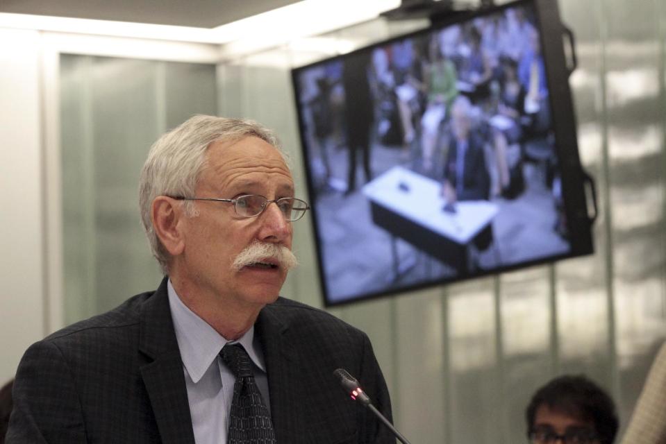 Walter Willett, a professor of epidemiology and nutrition at Harvard School of Public Health, speaks during a New York City Board of Health public hearing on the proposal to limit the size of sugary drinks Tuesday, July 24, 2012 in New York. New York faced the next step in a bitter battle over large sugary†drinks Tuesday, with the soft drink and restaurant industries protesting the mayor's proposed ban and the public lining up to have its say. (AP Photo/Mary Altaffer)