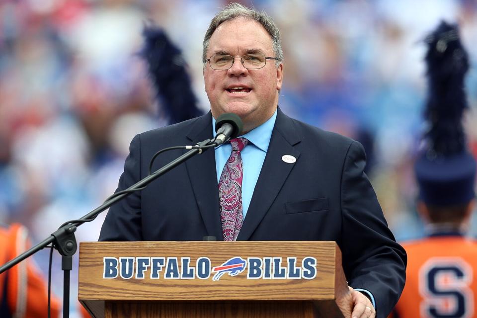 ORCHARD PARK, NY - SEPTEMBER 14: John Murphy, Voice of the Bills, speaks to the crowd before the game between the Buffalo Bills and the Miami Dolphins at Ralph Wilson Stadium on September 14, 2014 in Orchard Park, New York. (Photo by Vaughn Ridley/Getty Images)