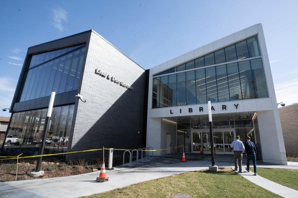 The entrance to the new Gahanna Columbus Metropolitan Library location, which will officially open Saturday.