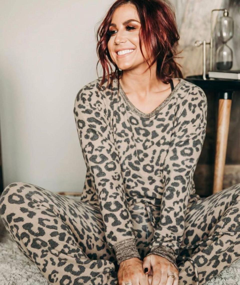 Chelsea Houska in leopard-print pajamas