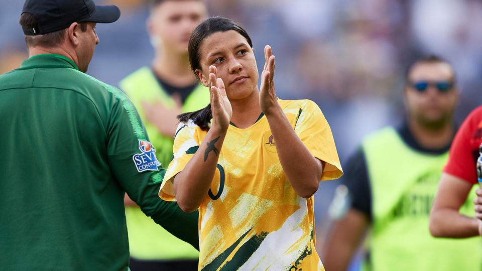 Sam Kerr reacts with the crowd after victory during the International friendly match between the Australian Matildas and Chile. (Photo by Brett Hemmings/Getty Images)