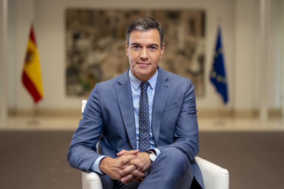 FILE - Spain's Prime Minister Pedro Sanchez poses for a portrait after an interview with The Associated Press at the Moncloa Palace in Madrid, Spain, June 27, 2022. Spanish Prime Minister Pedro Sánchez says that he will consider resigning after what he calls “spurious” corruption allegations against his wife led to a judicial investigation being opened on April 24, 2024. Sánchez said in a letter posted on his X account that while the allegations against his wife Begoña Gómez are false, he is canceling his public agenda until Monday when he announce whether he will continue or step down. (AP Photo/Bernat Armangue, File)