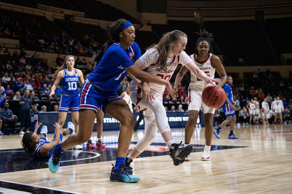 OU guard Taylor Robertson (30) dribbles while defended by Kansas Jayhawks center Taiyanna Jackson (1) in the second half Friday.
