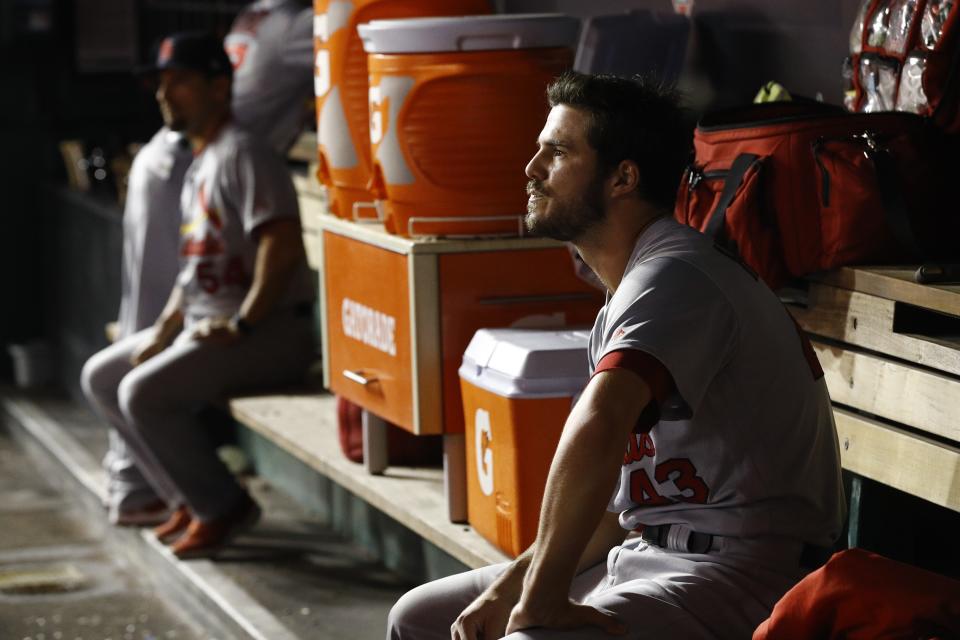 St. Louis Cardinals starting pitcher Dakota Hudson sits on the bench after being relieved during the first inning of Game 4 of the baseball National League Championship Series against the Washington Nationals Tuesday, Oct. 15, 2019, in Washington. (AP Photo/Patrick Semansky)