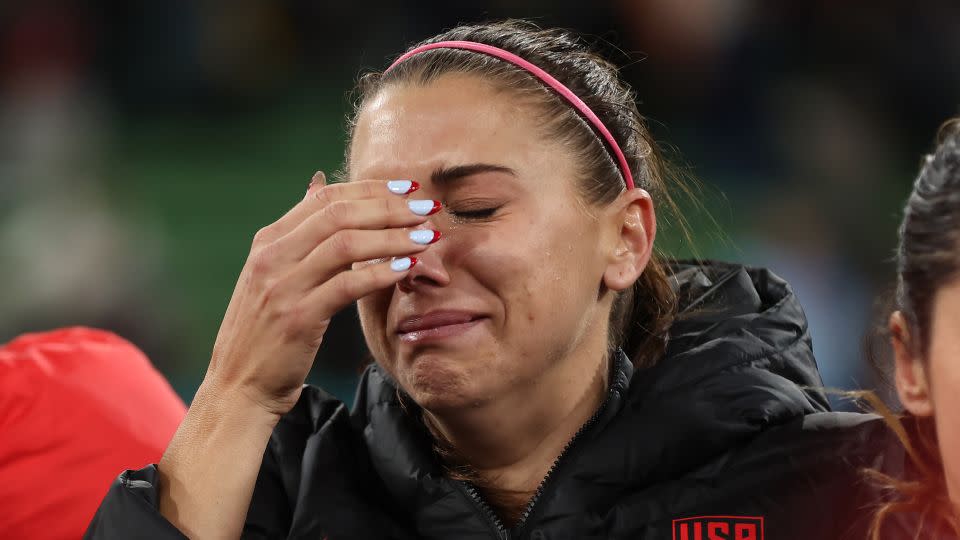 Alex Morgan reacts after the US was knocked out the World Cup. - Alex Pantling/FIFA/Getty Images