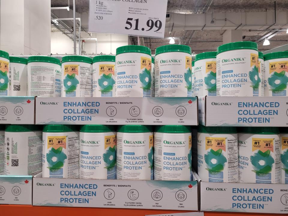 bulk shelves of collagen protein powder at costco