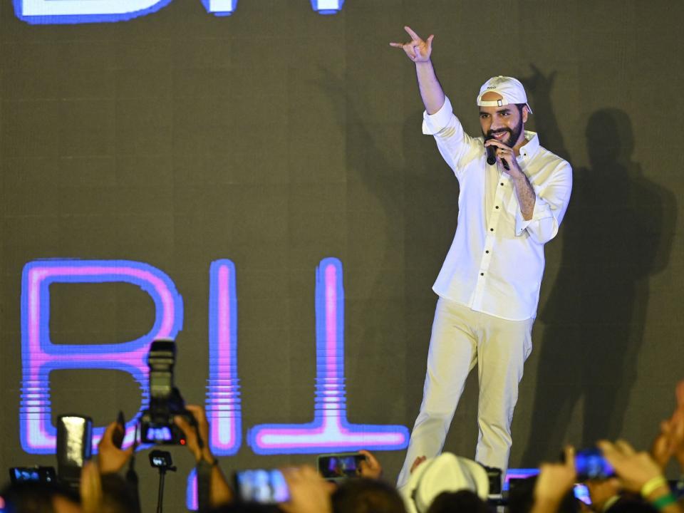 President of El Salvador, Nayib Bukele, gestures during his speech at the closing ceremony of the Latin Bitcoin conference at Mizata Beach, El Salvador, on November 20, 2021.