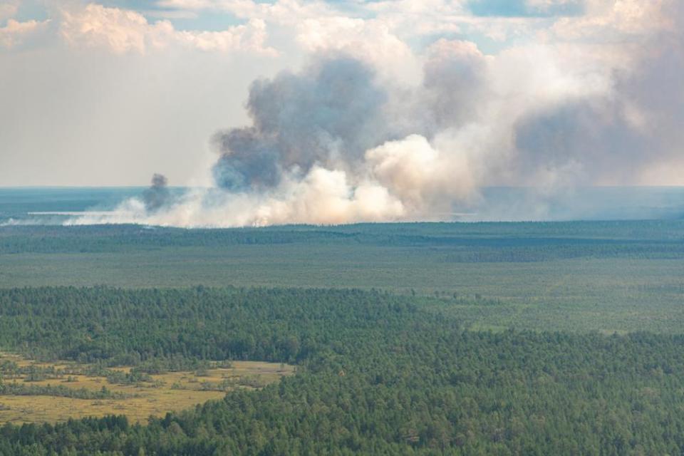 An aerial view of a wildfire in the taiga in the Khanty-Mansi Autonomous Area, in north-west Siberia. The boreal forests of Siberia are under attack from higher temperatures.