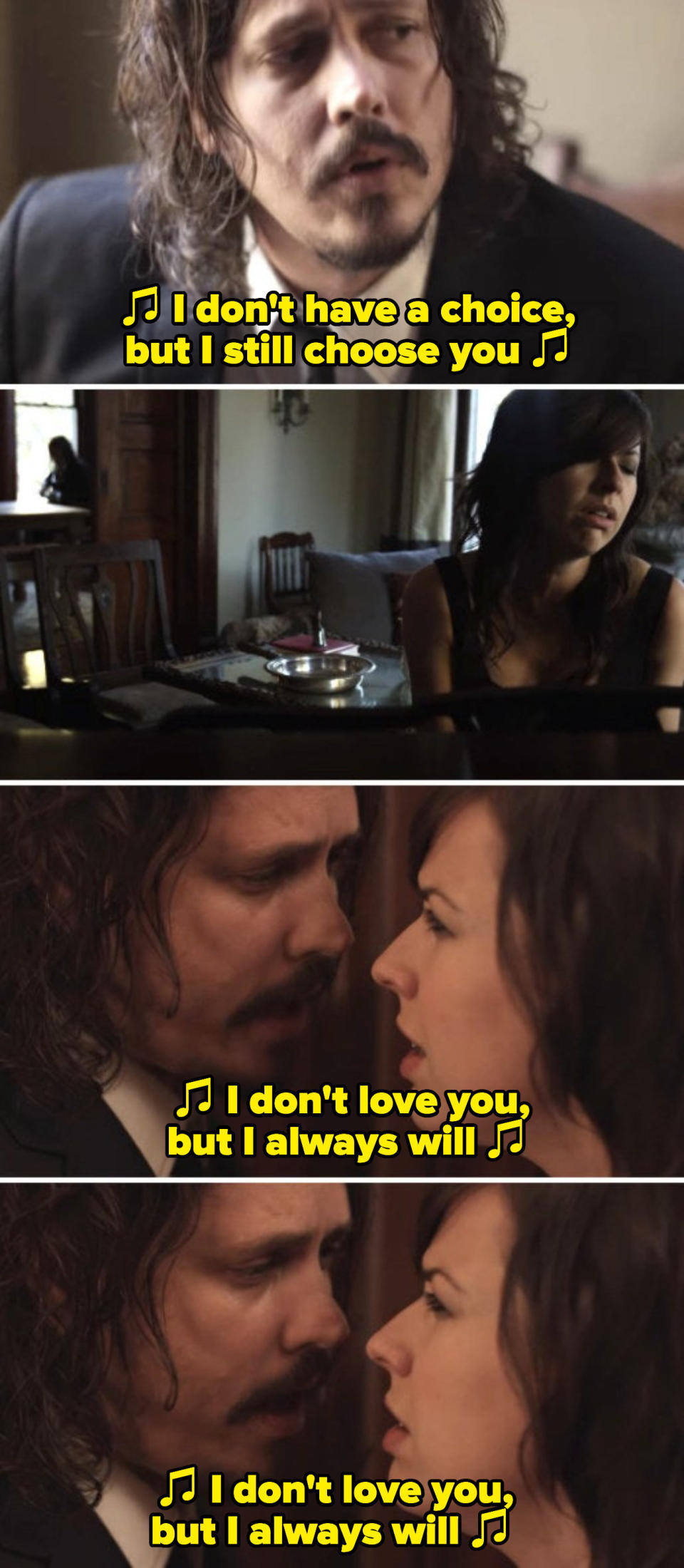 The Civil Wars in their "Poison & Wine" music video, singing: "I don't love you, but I always will"