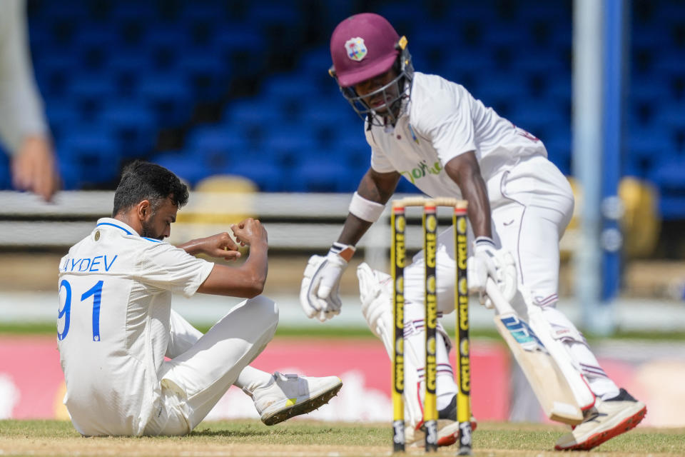 West Indies' Kirk McKenzie scores runs from the bowling of India's Jaydev Unadkat on day three of their second cricket Test match at Queen's Park in Port of Spain, Trinidad and Tobago, Saturday, July 22, 2023. (AP Photo/Ricardo Mazalan)