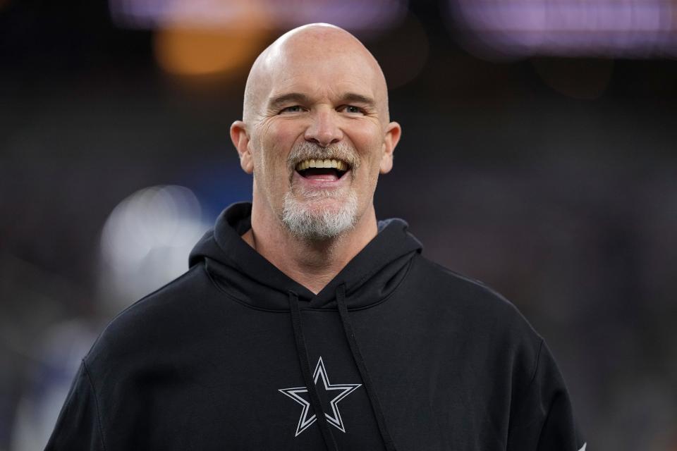 Dallas Cowboys defensive coordinator Dan Quinn looks on prior to an NFL football game against the Detroit Lions, Saturday, Dec. 30, 2023, in Arlington, Texas.