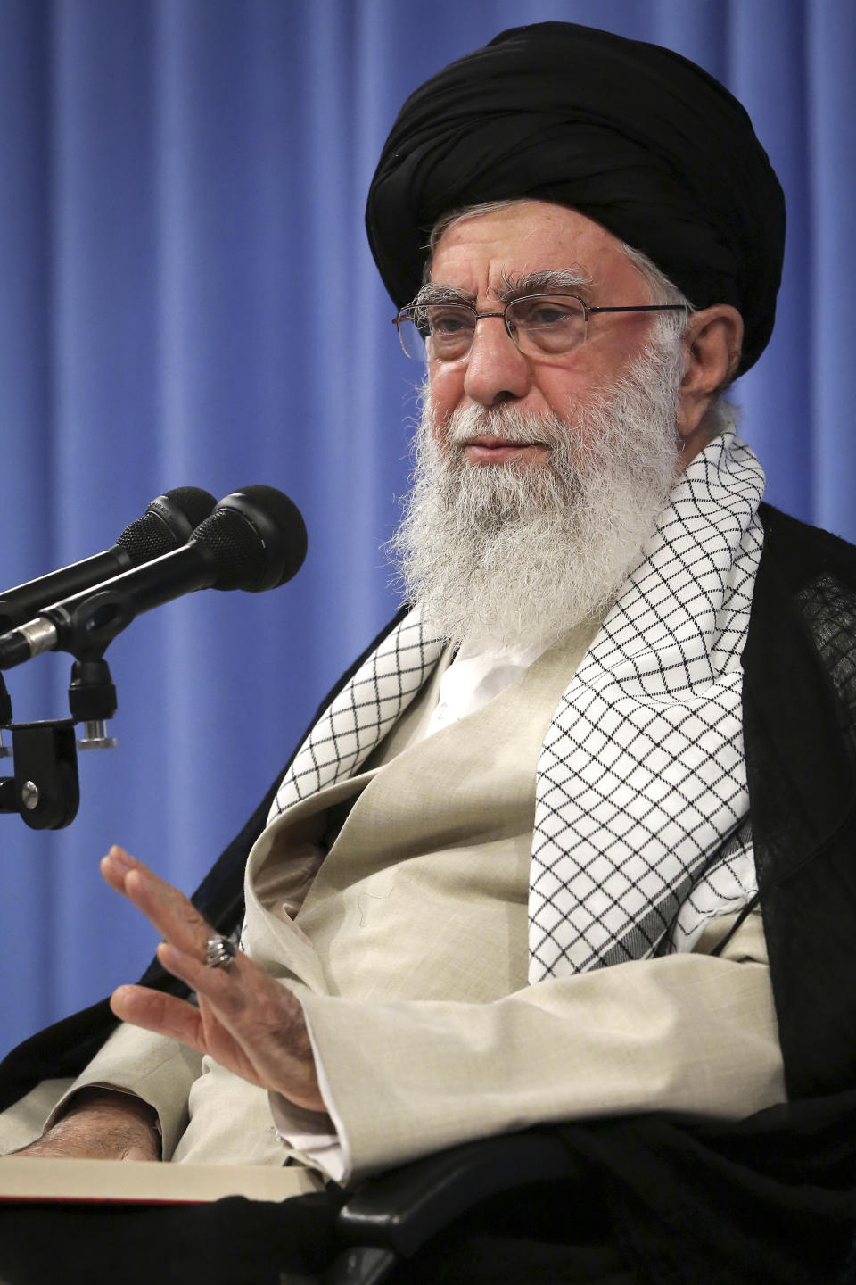 In this photo released by an official website of the office of the Iranian supreme leader, Supreme Leader Ayatollah Ali Khamenei speaks in a meeting in Tehran, Iran, Tuesday, Sept. 17, 2019. Khamenei says "there will be no talks with the U.S. at any level" — remarks apparently meant to end all speculation about a U.S.-Iran meeting at the U.N. later this month. (Office of the Iranian Supreme Leader via AP)