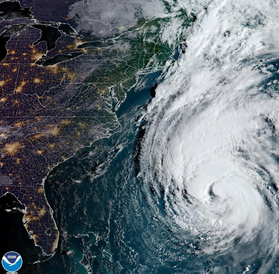 A satellite image provided by the National Oceanic and Atmospheric Administration shows Hurricane Lee in the Atlantic Ocean on Thursday.